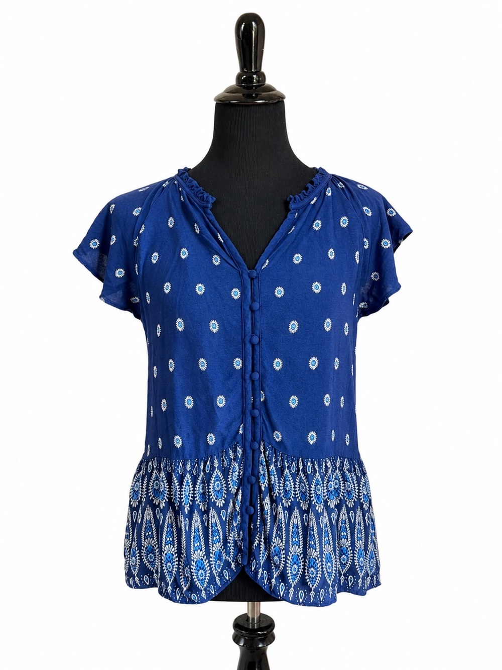 LOFT Royal Blue White Printed Flutter-Sleeve Peplum Blouse Medium (M)